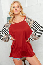 Leopard Stripe Bubble Sleeve Raglan Top