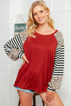 Leopard Stripe Bubble Sleeve Raglan Top