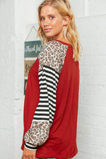 Leopard Stripe Bubble Sleeve Raglan Top