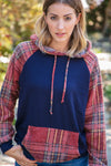 Navy Cashmere Feel Plaid Raglan Hoodie