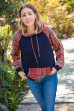 Navy Cashmere Feel Plaid Raglan Hoodie