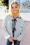 Embrace Joy Black & White Collared Stripe Ribbon Bow Tie Top