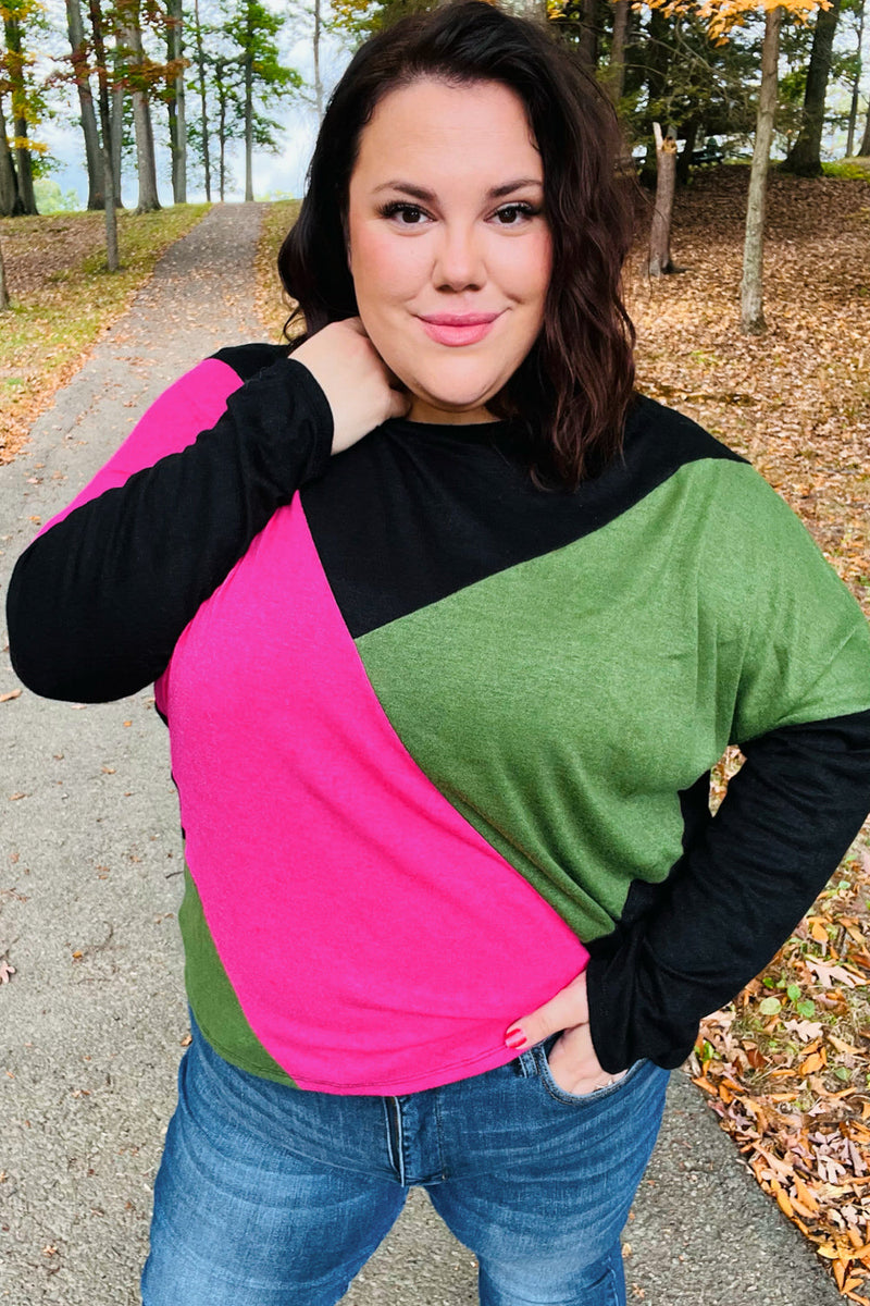 Black & Pink Dolman Colorblock Top