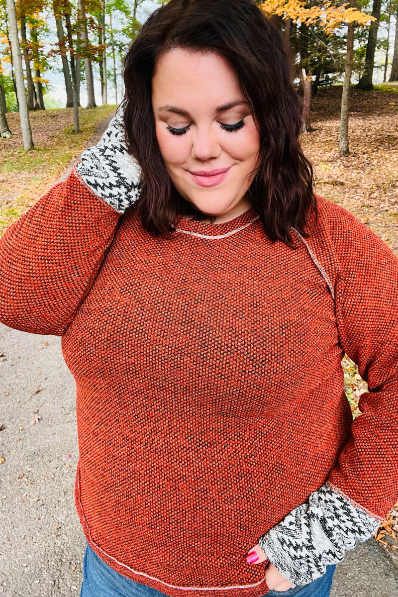 Rust Textured Aztec Outseam Top