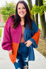 Dazzle In Magenta & Navy Chunky Knit Color Block Cardigan