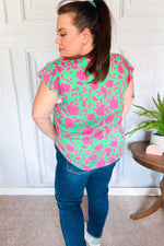 Sassy Green & Fuchsia Floral Ruffle Short Sleeve Yoke Top