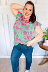 Sassy Green & Fuchsia Floral Ruffle Short Sleeve Yoke Top