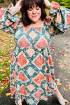 Rust & Teal Boho Smocked Woven Midi Dress