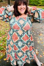 Rust & Teal Boho Smocked Woven Midi Dress