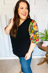 Eyes On You Black Floral Puff Sleeve V Neck Top