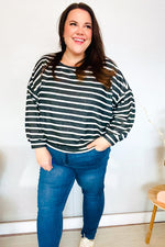 Look Striking Charcoal Stripe Terry Banded Dolman Pullover