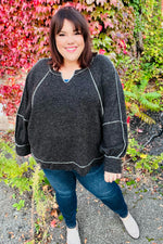 Weekend Ready Charcoal Two Tone Knit Notched Neck Raglan Top