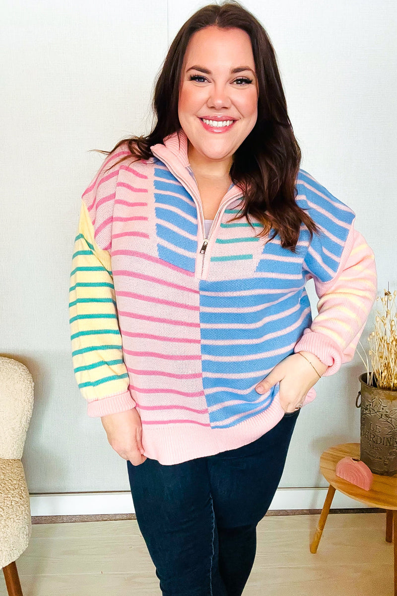 Perfectly Poised Blush & Blue Stripe Half Zip Up Oversized Sweater