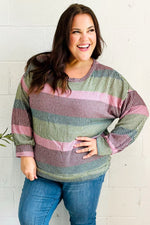 Classic Chic Olive & Burgundy Striped Textured Knit Top