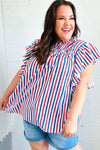 American Red White & Blue Stripe Shirred Yoke Neck Top