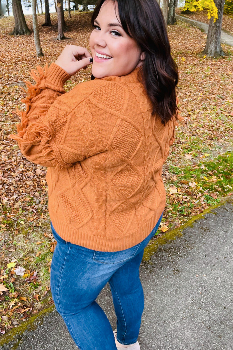 Joyful Days Rust Cable Knit Tassel Fringe Sweater