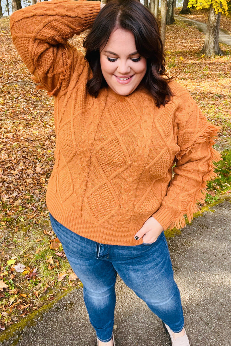 Joyful Days Rust Cable Knit Tassel Fringe Sweater