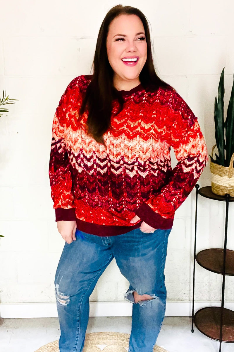 Holiday Vibes Wine Cable Knit Print Hacci Knit Sweater