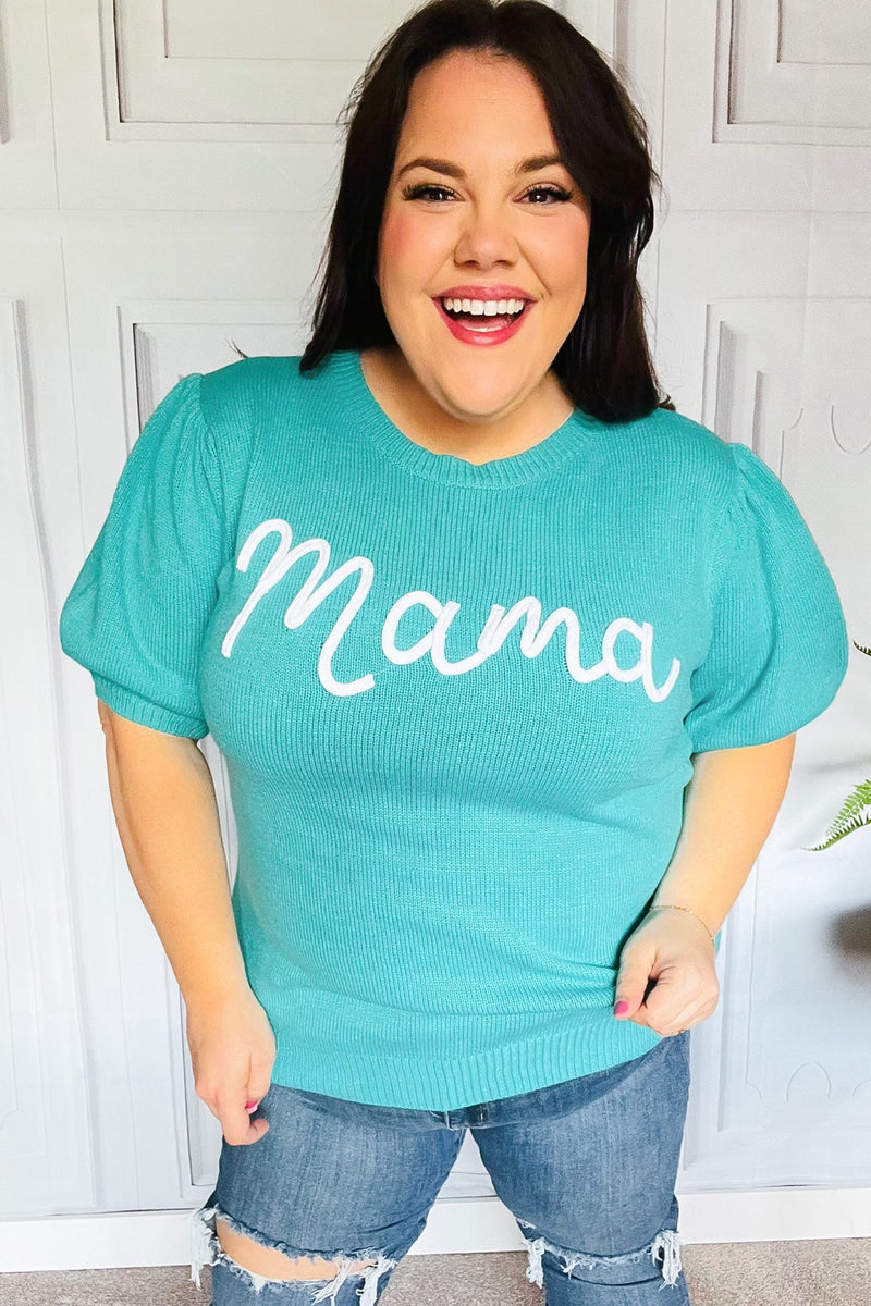 Take A Bow Mint "Mama" Embroidery Pop-Up Puff Sleeve Sweater Top