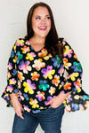 Be Bold Black Floral Hi-Lo Ruffle Sleeve Woven Top