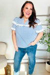 Lost In Love Cotton Blue Gingham Shirred Mock Neck Top