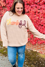 Feeling Thankful Taupe Pop Up Glittery Embroidery Sweater