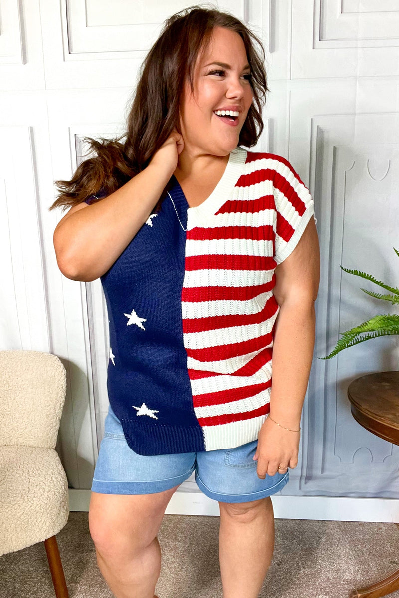 Stars & Stripes Americana V Neck Dolman Sweater Top