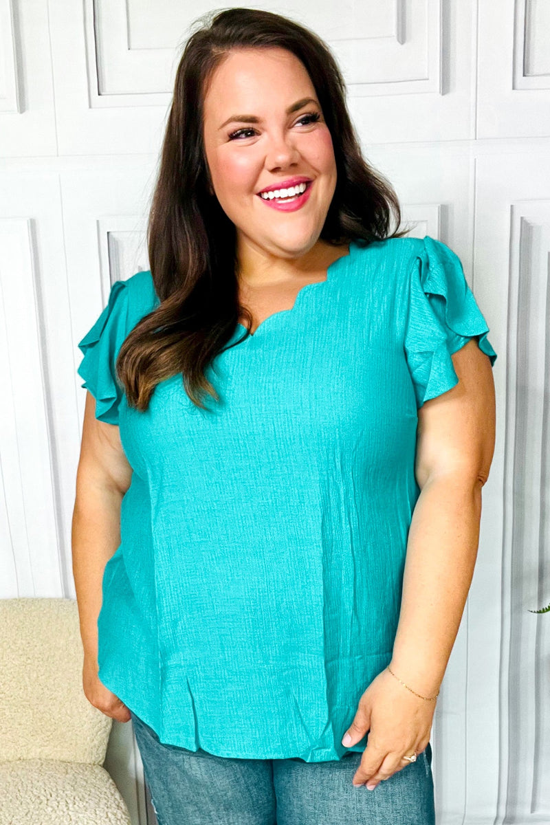 Eyes On You Teal Scalloped V Neck Tulip Sleeve Top