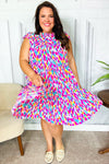 Feeling Femme' Fuchsia & Mint Abstract Print Frill Mock Neck Dress