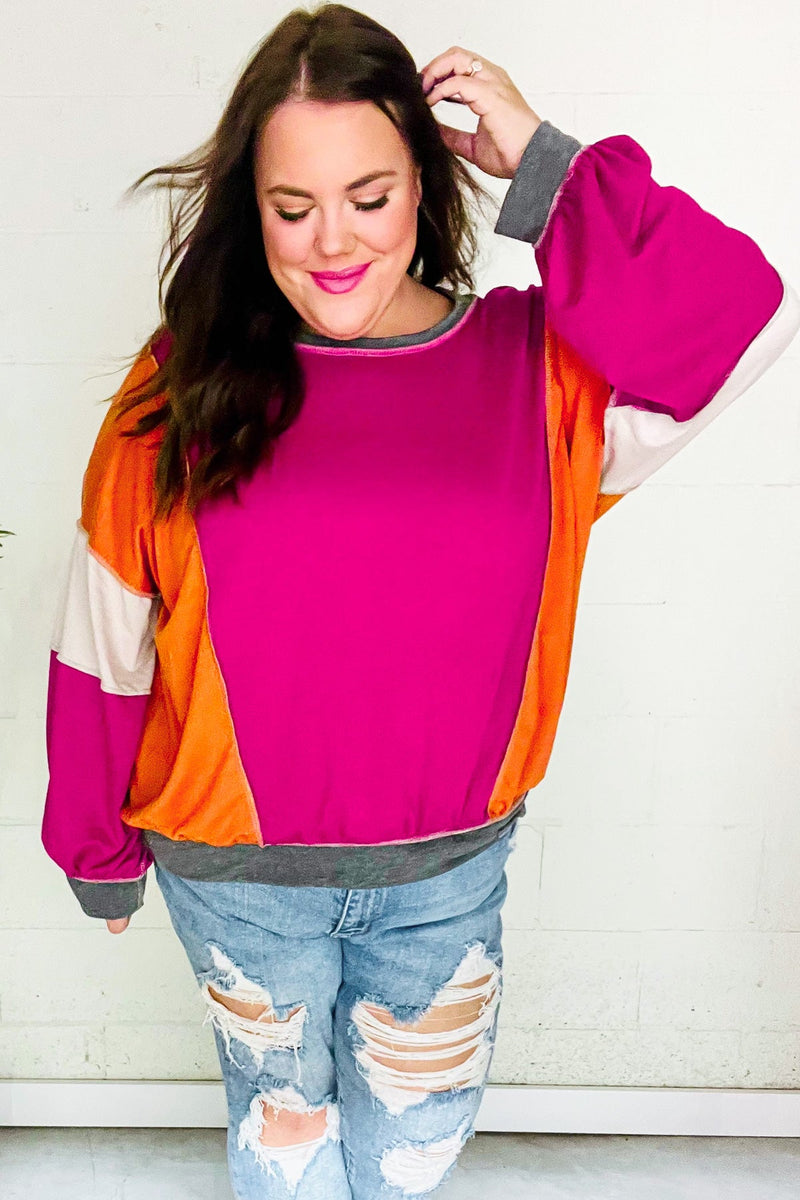 Brighten My Day Magenta Color Block Outseam Terry Top