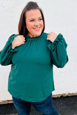 Be Merry Hunter Green Frill Mock Neck Crinkle Top