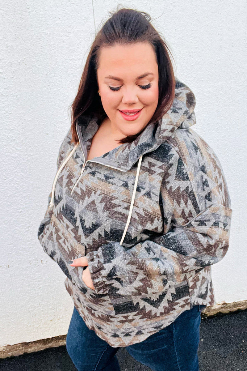 Call For You Grey Aztec Half Zip High Neck Hoodie