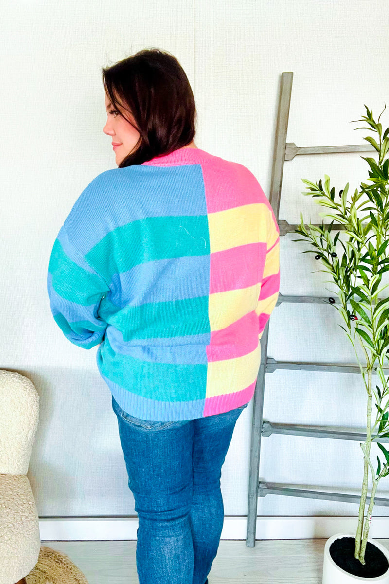 Catch Glances Blush & Blue Stripe Color Block Knit Sweater