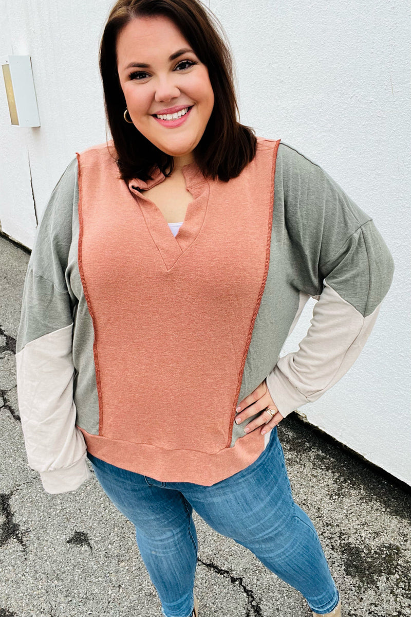 Rust & Olive Collared Terry Color Block Top