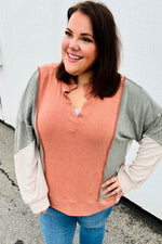 Rust & Olive Collared Terry Color Block Top