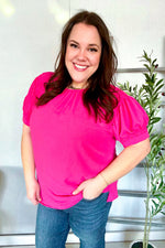 Perfectly You Solid Fuchsia Silk Shirred Cap Short Sleeve Blouse