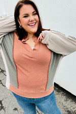 Rust & Olive Collared Terry Color Block Top