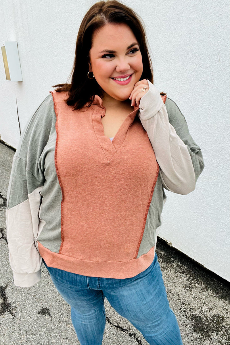 Rust & Olive Collared Terry Color Block Top