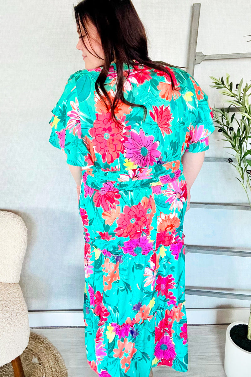 Hello Beautiful Multicolor Tropical Floral Smock Waist Maxi Dress