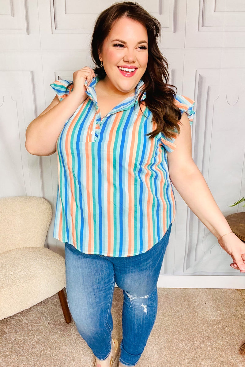 Happy Thoughts Sky Blue Striped Frill Button Down Top