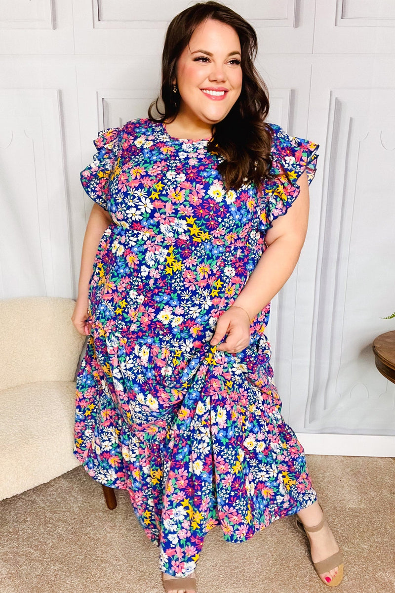 Just A Dream Navy Floral Smocked Ruffle Sleeve Maxi Dress