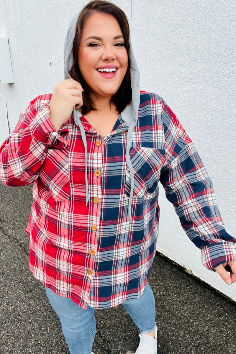 Red & Navy Plaid Color Block Hoodie Shacket