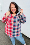 Red & Navy Plaid Color Block Hoodie Shacket