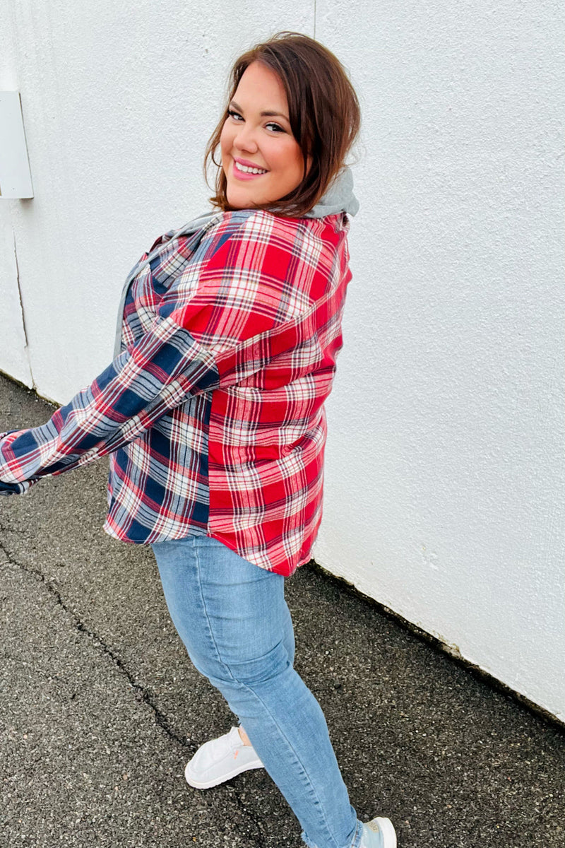 Red & Navy Plaid Color Block Hoodie Shacket