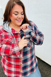 Red & Navy Plaid Color Block Hoodie Shacket