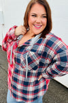 Red & Navy Plaid Color Block Hoodie Shacket