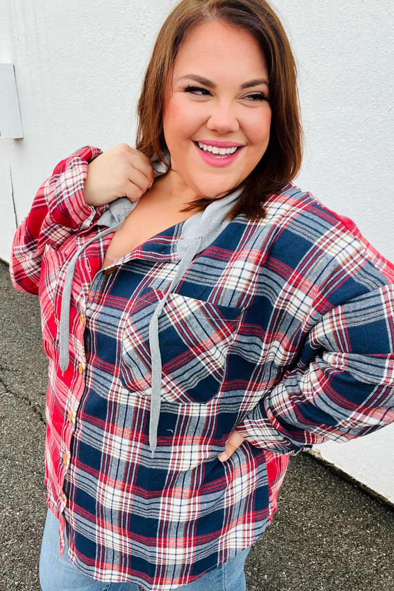 Red & Navy Plaid Color Block Hoodie Shacket