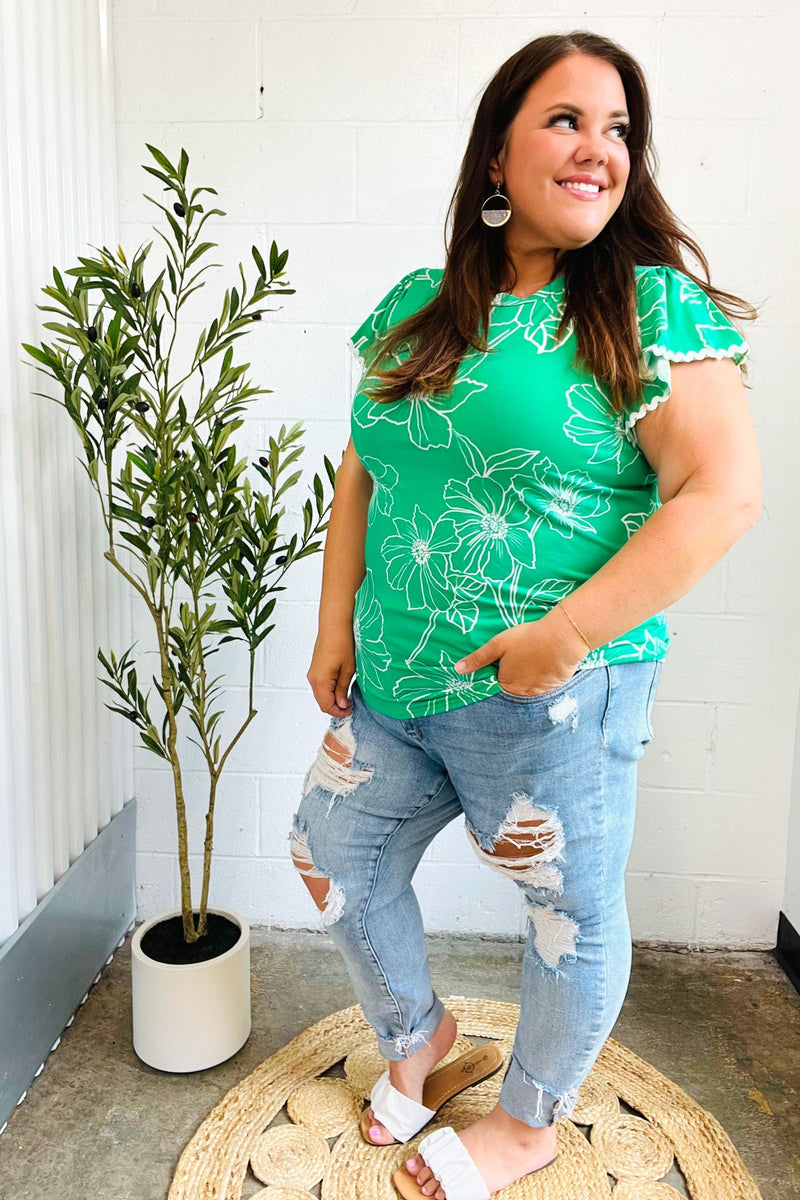 Follow Me Emerald Floral Ric Rac Trim Flutter Sleeve Top