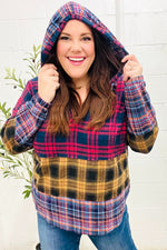 Holiday Ready Red & Mustard Plaid Notched Neck Flannel Hoodie