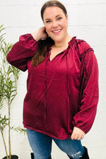 Holiday Vibes Burgundy Frill Detail Tie Neck Satin Top